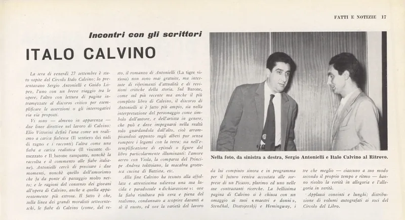 Ritaglio di giornale per l'incontro tra Sergio Antonelli e Italo Calvino